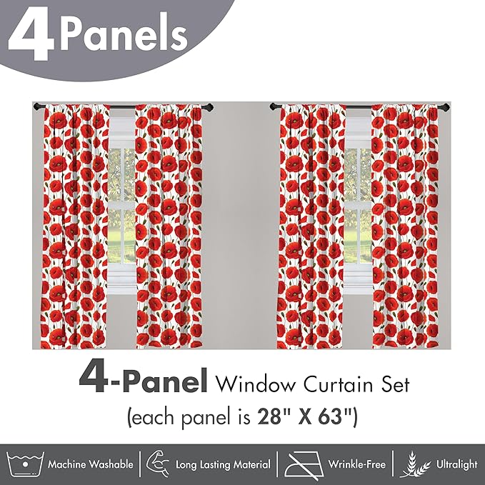 Ambesonne Poppy Flower Window Curtains Pack of 2, Springs Ladybugs Animals and Plants Flora Fauna Nature, Lightweight Set with Rod Pocket, 4 Panels of - 28" x 63", Burnt Orange Olive Green