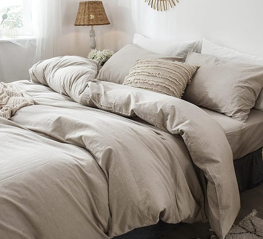 MooMee Bedding Duvet Cover Set 100% Washed Cotton Linen Like Textured Breathable Durable Soft Comfy (Heathered Tannish Linen Grey, Full 80"x90")