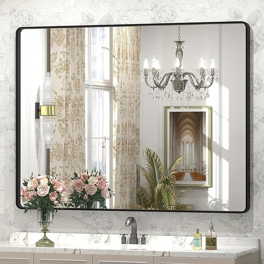 44x36 Inch Black Metal Framed Bathrrom Mirror for Wall, Black Matte Rounded Rectangle Bathroom Vanity Mirror, Anti-Rust, Tempered Glass, Hangs Horizontally or Vertically