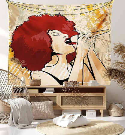 Lunarable Afro Tapestry, Popular Singer Karaoke Style Microphone Performance American Woman, Fabric Wall Hanging Decor for Bedroom Living Room Dorm, 45" X 30", Burgundy Orange