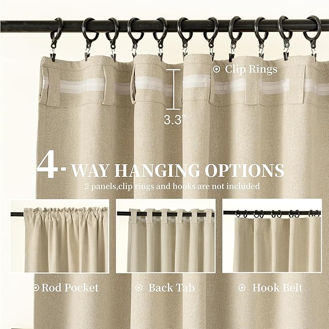 KangBang 72x108 Inch Blackout Curtains-Hook Belt Back Tab Linen Textured Drapes for Living Room Patio Door, Noise Reducing Rustic Farmhouse Curtain Panels, Natural Beige, 2Pcs