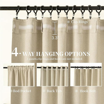 KangBang 72x108 Inch Blackout Curtains-Hook Belt Back Tab Linen Textured Drapes for Living Room Patio Door, Noise Reducing Rustic Farmhouse Curtain Panels, Natural Beige, 2Pcs