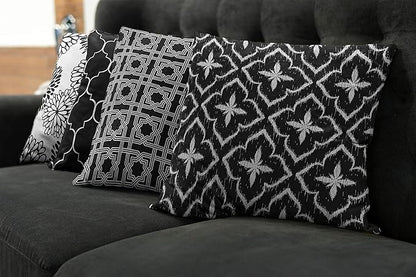 Ambesonne Vintage Throw Pillow Cushion Case Pack of 4, Monochrome Design Grid Trellis Quatrefoil Mesh and Dahlia Flowers Modern, Modern Accent Double-Sided Digital Printing, 18", Charcoal Grey White