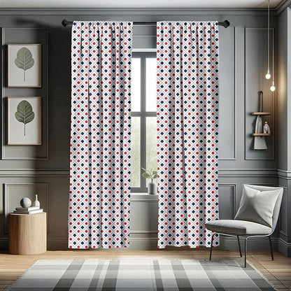 Ambesonne Abstract Window Curtains, Big Red Dots Squares and Dashed Lines Geometric Tile Print, Lightweight Decor 2-Panel Set with Rod Pocket, Pair of - 28" x 95", Dark Blue Navy