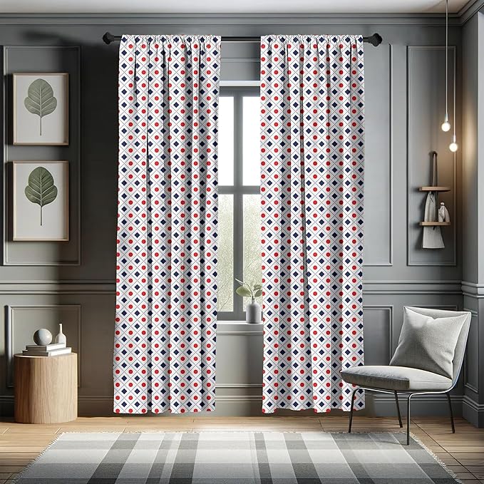 Ambesonne Abstract Window Curtains, Big Red Dots Squares and Dashed Lines Geometric Tile Print, Lightweight Decor 2-Panel Set with Rod Pocket, Pair of - 28" x 63", Dark Blue Navy