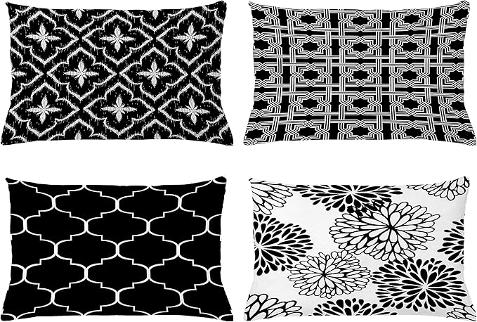 Ambesonne Vintage Throw Pillow CushiCase Pack 4, Monochrome Design Grid Trellis Quatrefoil Mesh Dahlia Flowers Modern, Modern Accent Double-Sided Digital Printing, 20" x 12", Charcoal Grey White