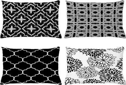 Ambesonne Vintage Throw Pillow CushiCase Pack 4, Monochrome Design Grid Trellis Quatrefoil Mesh Dahlia Flowers Modern, Modern Accent Double-Sided Digital Printing, 20" x 12", Charcoal Grey White