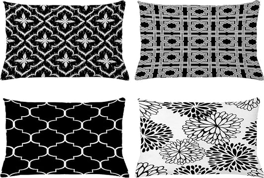 Ambesonne Vintage Throw Pillow CushiCase Pack 4, Monochrome Design Grid Trellis Quatrefoil Mesh Dahlia Flowers Modern, Modern Accent Double-Sided Digital Printing, 20" x 12", Charcoal Grey White