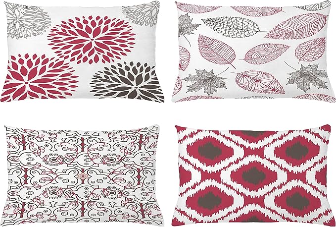 Ambesonne Vintage Throw Pillow CushiCase Pack 4, Bohemian Ornamental Leaves Dahlia Pattern Geometric Art Curlicue Motif, Modern Accent Double-Sided Digital Printing, 20" x 12", Raspberry Taupe White