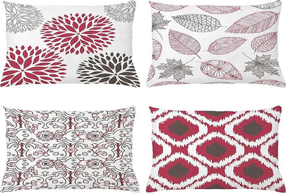 Ambesonne Vintage Throw Pillow CushiCase Pack 4, Bohemian Ornamental Leaves Dahlia Pattern Geometric Art Curlicue Motif, Modern Accent Double-Sided Digital Printing, 20" x 12", Raspberry Taupe White