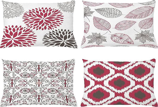 Ambesonne Vintage Throw Pillow CushiCase Pack 4, Bohemian Ornamental Leaves Dahlia Pattern Geometric Art Curlicue Motif, Modern Accent Double-Sided Digital Printing, 20" x 12", Raspberry Taupe White