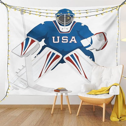 Ambesonne Sports Tapestry, USA Hockey Goalie Protection Jersey Sport Wear Activity Hobby Illustration, Wall Hanging for Bedroom Living Room Dorm Decor, 40" X 60", Burgundy White