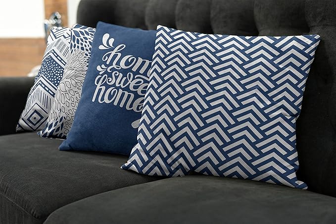 Ambesonne Modern Throw Pillow Cushion Case Pack of 4, Monochrome Design Sharp Angled Squama Scale Dahlia Chevron and Home Phrase, Modern Accent Double-Sided Digital Printing, 16", Dark Sky Blue White