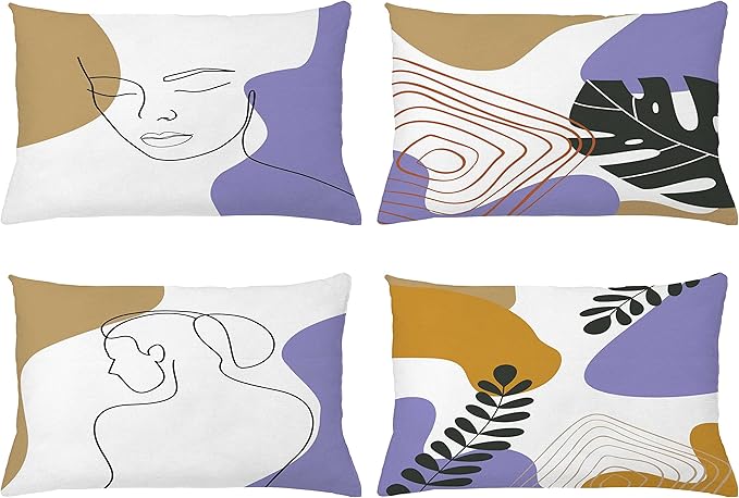 Ambesonne Minimal Throw Pillow CushiCase Pack 4, Modern Line Art Woman Portrait Contemporary Leafy Geometric Details, Modern Accent Double-Sided Digital Printing, 20" x 12", Tan Amber Lavender