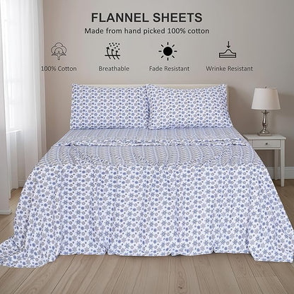 RUVANTI Flannel Sheets King Size - 100% Cotton Brushed King Size Sheets Set - Deep Pockets 16 Inches Bed Sheets - All Seasons Breathable & Extra Soft - Warm & Cozy, 4 Piece, Snow Flake Grey