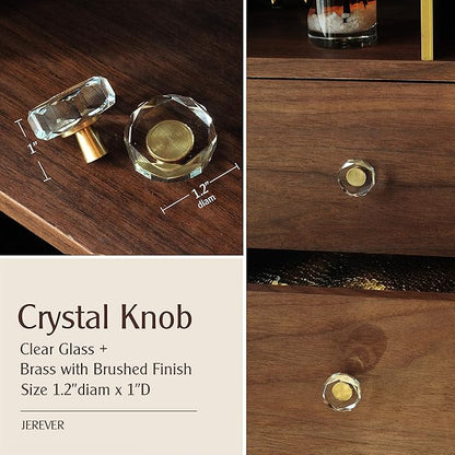 JEREVER 2 Pack Glass Crystal Knobs Brass Drawer Pull Cabinet Handle Gold Furniture Hardware for Dresser Kitchen (Polygon)