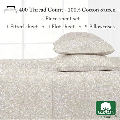 California Design Den Printed King Size Sheets Set - Luxury 400 Thread Count Sateen, Natural 100% Cotton Sheets, Deep Pockets, Cooling and Durable Bedding Set - Paisley Beige