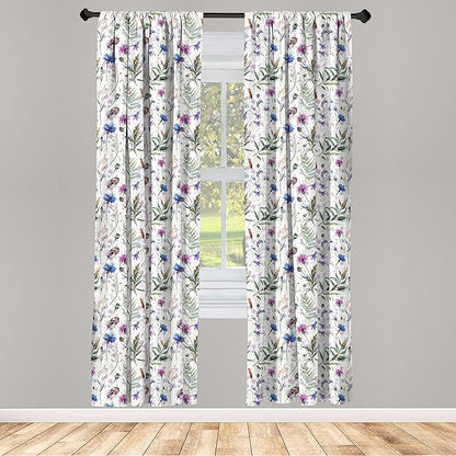 Ambesonne Thistle Window Curtains, Hand-Drawn Watercolor Style Summer Wildflowers Pattern as Cornflower and Thistle, Lightweight Decor 2-Panel Set with Rod Pocket, Pair of - 28" x 84", Green Blue