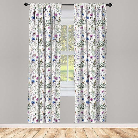 Ambesonne Thistle Window Curtains, Hand-Drawn Watercolor Style Summer Wildflowers Pattern as Cornflower and Thistle, Lightweight Decor 2-Panel Set with Rod Pocket, Pair of - 28" x 95", Green Blue
