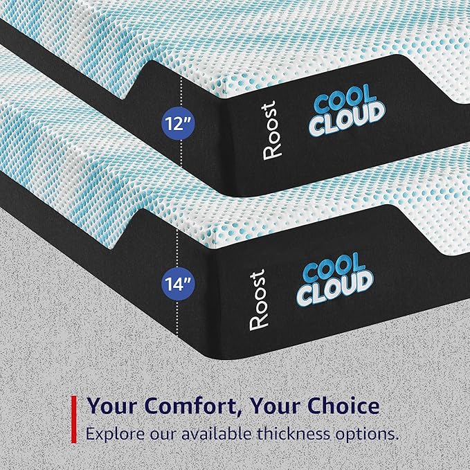 ROOST SLEEP Memory Foam Mattress, 12-Inch Twin XL – Cool Cloud Gel Foam Bed for Extra Length Comfort – Pressure-Relieving, Supportive, and Cooling Sleep Surface