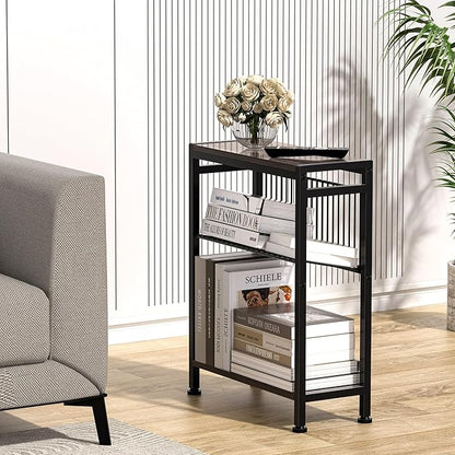 Side Table for Small Space, 3-Tier Narrow End Tablewith Magazine Holder,Slim Nightstand, Skinny Snack Couch Table in Living Room, Bedroom Study and Balcony(Ash Brown)
