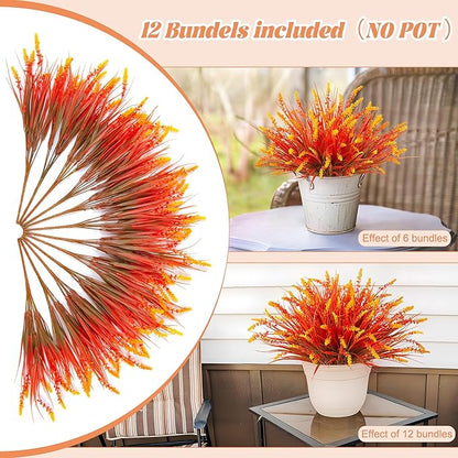 Artificial Fake Plants Flowers for Outdoors Fall Decor, 12 Bundles Fall Leaves Faux Lavender Flowers for Autumn Decoration, Fake Shrubs UV Resistant Planter No Fade for Garden Porch Balcony(Brown)