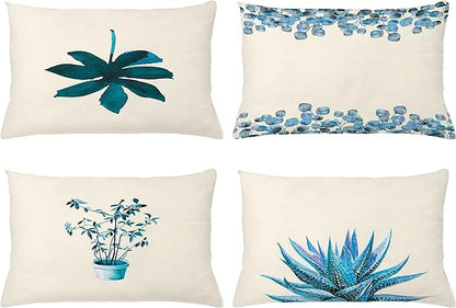 Ambesonne Botanical Throw Pillow Cushion Case Pack of 4, Minimalist Watercolor Painting Leaves Agave Branches Plant in a Pot, Modern Accent Double-Sided Printing, 20" x 12", Teal Sea Blue and White