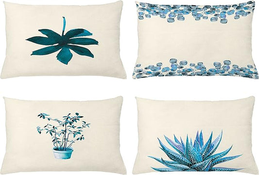 Ambesonne Botanical Throw Pillow Cushion Case Pack of 4, Minimalist Watercolor Painting Leaves Agave Branches Plant in a Pot, Modern Accent Double-Sided Printing, 20" x 12", Teal Sea Blue and White