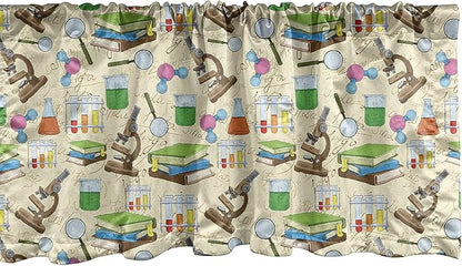 Lunarable Science Print Window Valance, Colorful Sketch Style Ornaments with Books Microscope Drawings on Creamy Back, Curtain Valance for Kitchen Bedroom Decor with Rod Pocket, 54" X 18", Beige Green