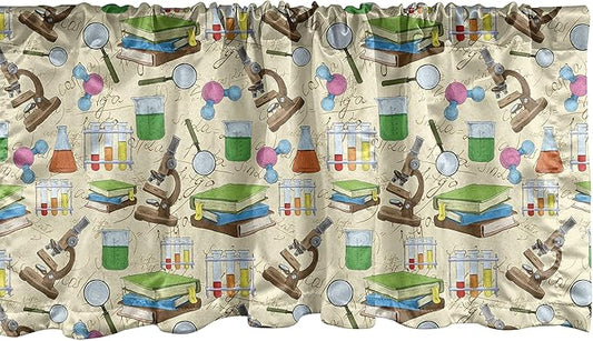 Lunarable Science Print Window Valance, Colorful Sketch Style Ornaments with Books Microscope Drawings on Creamy Back, Curtain Valance for Kitchen Bedroom Decor with Rod Pocket, 54" X 18", Beige Green