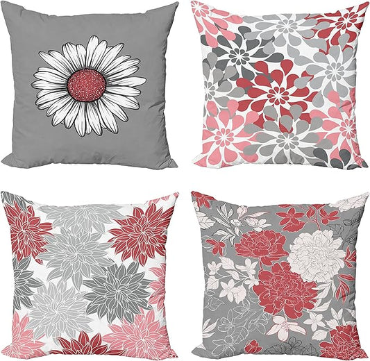 Ambesonne Floral Throw Pillow Cushion Case Pack of 4, Flower Petals Modern Color Palette Chamomile Peony Dahlia and Sunflower Print, Modern Accent Double-Sided Digital Printing, 18", Dark Coral Grey