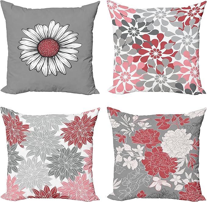 Ambesonne Floral Throw Pillow Cushion Case Pack of 4, Flower Petals Modern Color Palette Chamomile Peony Dahlia and Sunflower Print, Modern Accent Double-Sided Digital Printing, 20", Dark Coral Grey