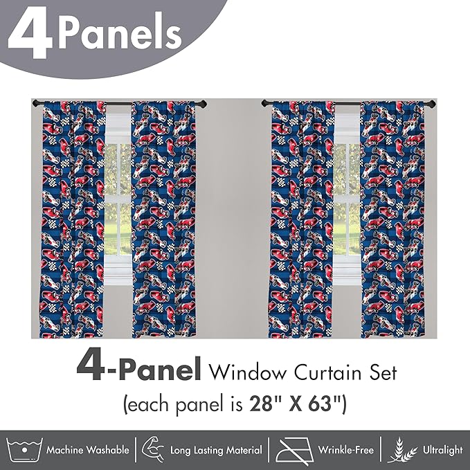 Ambesonne Cars Window Curtains Pack of 2, Vintage Racing Cars on Blue Stripes with Checkered Flags Automobile Sports, Lightweight Set with Rod Pocket, 4 Panels of - 28" x 63", Navy Blue