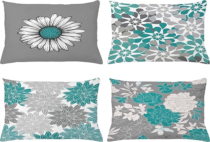 Ambesonne Floral Throw Pillow CushiCase Pack 4, Flower Petals Modern Color Palette Chamomile Peony Dahlia Sunflower Print, Modern Accent Double-Sided Digital Printing, 20" x 12", Grey Dark Seafoam