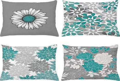 Ambesonne Floral Throw Pillow CushiCase Pack 4, Flower Petals Modern Color Palette Chamomile Peony Dahlia Sunflower Print, Modern Accent Double-Sided Digital Printing, 20" x 12", Grey Dark Seafoam