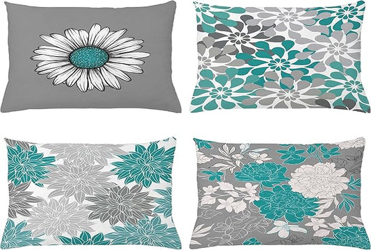 Ambesonne Floral Throw Pillow CushiCase Pack 4, Flower Petals Modern Color Palette Chamomile Peony Dahlia Sunflower Print, Modern Accent Double-Sided Digital Printing, 20" x 12", Grey Dark Seafoam
