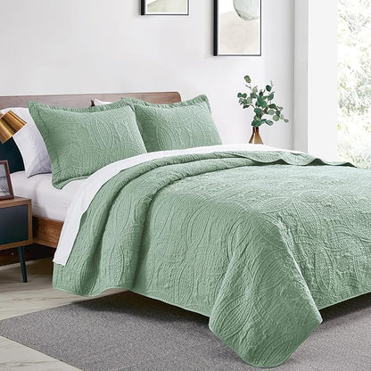 Love's cabin Twin Quilt Set Sage Bedspreads - Soft Bed Summer Lightweight Bedspread Comforter - Modern Style Coin Pattern Coverlet for All Season - 2 Pieces (1 Quilt, 1 Pillow Sham)