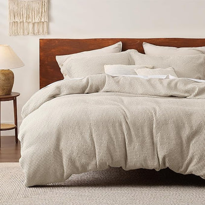 Bedsure Cotton Duvet Cover Full - 100% Cotton Waffle Weave Beige Duvet Cover Set, GentleSoft™ and Breathable Bedding Set for All Season, 3 Pieces, 80"x90"
