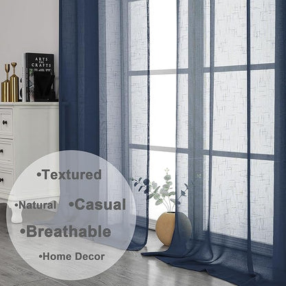 Aiyufeng Kirei Faux Linen Navy BlueSheer Curtains 84 Inches Length 2 Panels, Light Filtering Slub Textured Elegant Rod Pocket Curtain Drapes for Farmhouse Living Room Bedroom, Each 40Wx84L Inch, Blue