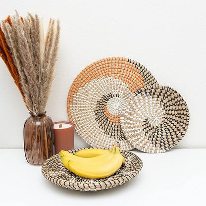 Set of 3 Round Wicker Wall Baskets, Brown, 13.78 in Flat, 11.8 in Deep, 10 in Flat