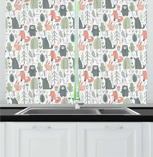 Lunarable Woodland Creatures Kitchen Curtains, Pastel Scandinavian Animals and Trees, Window Drapes 2 Panel Set for Kitchen Cafe Decor, 55" x 24", Coral Reseda Green
