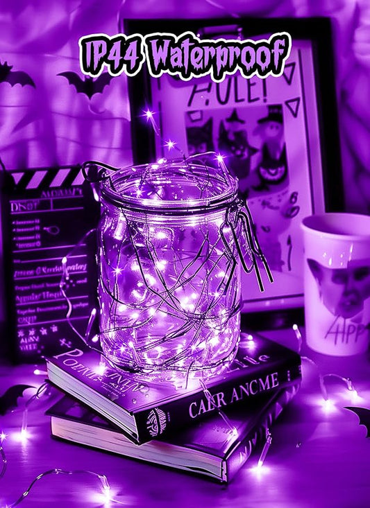Minetom Halloween Fairy Lights, 33Ft 100 LED Battery Operated Fairy Lights, Waterproof Copper Wire Mason Jar Lights for Home Party Ghost Haunted House Indoor Outdoor Halloween Decorations, Purple