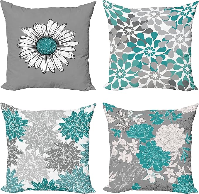 Ambesonne Floral Throw Pillow Cushion Case Pack of 4, Flower Petals Modern Color Palette Chamomile Peony Dahlia and Sunflower Print, Modern Accent Double-Sided Digital Printing, 18", Grey Dark Seafoam