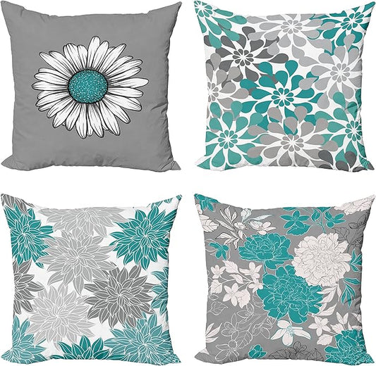 Ambesonne Floral Throw Pillow Cushion Case Pack of 4, Flower Petals Modern Color Palette Chamomile Peony Dahlia and Sunflower Print, Modern Accent Double-Sided Digital Printing, 16", Grey Dark Seafoam