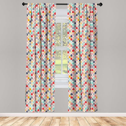 Ambesonne Geometric Window Curtains Pack of 2, Raindrops Doodle Style Creative Leaf Shaped Colorful Girls Theme, Lightweight Set with Rod Pocket, 4 Panels of - 28" x 84", Teal Coral
