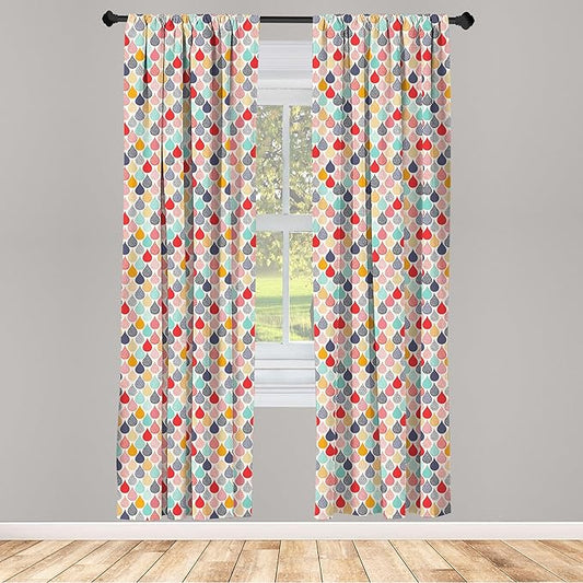 Ambesonne Geometric Window Curtains Pack of 2, Raindrops Doodle Style Creative Leaf Shaped Colorful Girls Theme, Lightweight Set with Rod Pocket, 4 Panels of - 28" x 84", Teal Coral