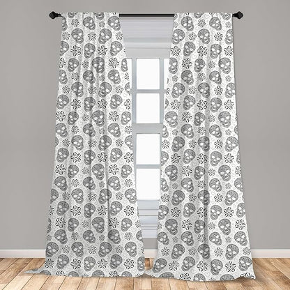 Ambesonne Skull Curtains, Abstract Floral Skulls Daisies Hearts Circles Illustration Vintage Style Print, Window Treatments 2 Panel Set for Living Room Bedroom, Pair of - 28" x 63", Black and White