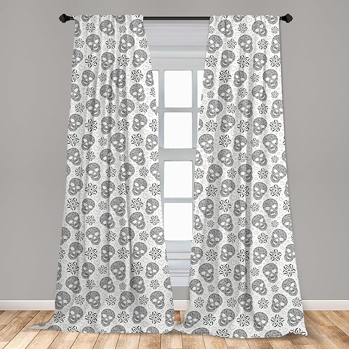 Ambesonne Skull Curtains, Abstract Floral Skulls Daisies Hearts Circles Illustration Vintage Style Print, Window Treatments 2 Panel Set for Living Room Bedroom, Pair of - 28" x 84", Black and White