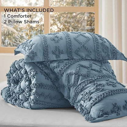 Bedsure Tufted Boho Comforter Set Queen Size - Grayish Blue Boho Bed Set, GentleSoft™ 3 Pieces Farmhouse Shabby Chic Embroidery Bedding, Gifts for Woman, Soft Jacquard Queen Comforter for All Seasons