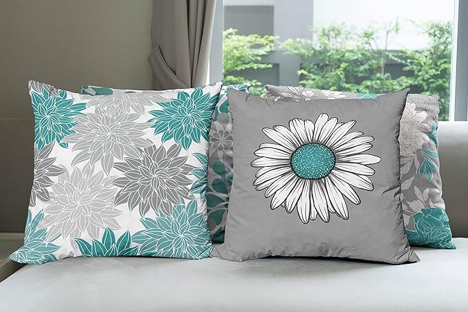 Ambesonne Floral Throw Pillow Cushion Case Pack of 4, Flower Petals Modern Color Palette Chamomile Peony Dahlia and Sunflower Print, Modern Accent Double-Sided Digital Printing, 18", Grey Dark Seafoam